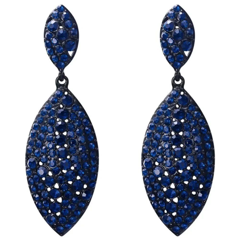 Carbon Black with Sapphire Blue Crystal Double Leaf Chandelier Post Earrings